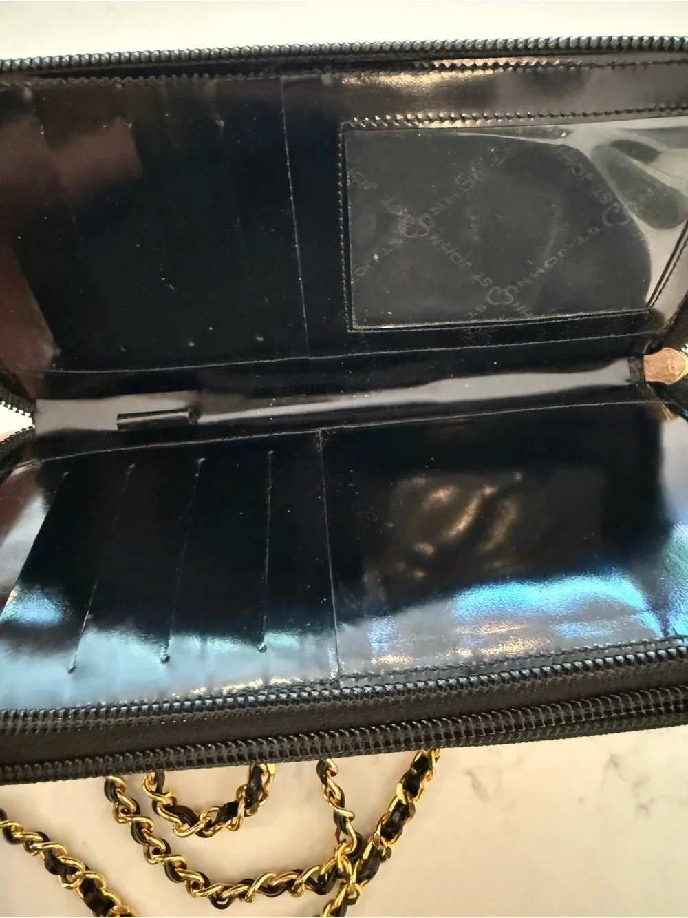 Vintage St. John Black Leather Crossbody with Gold Chain Strap - Picture 4 of 8